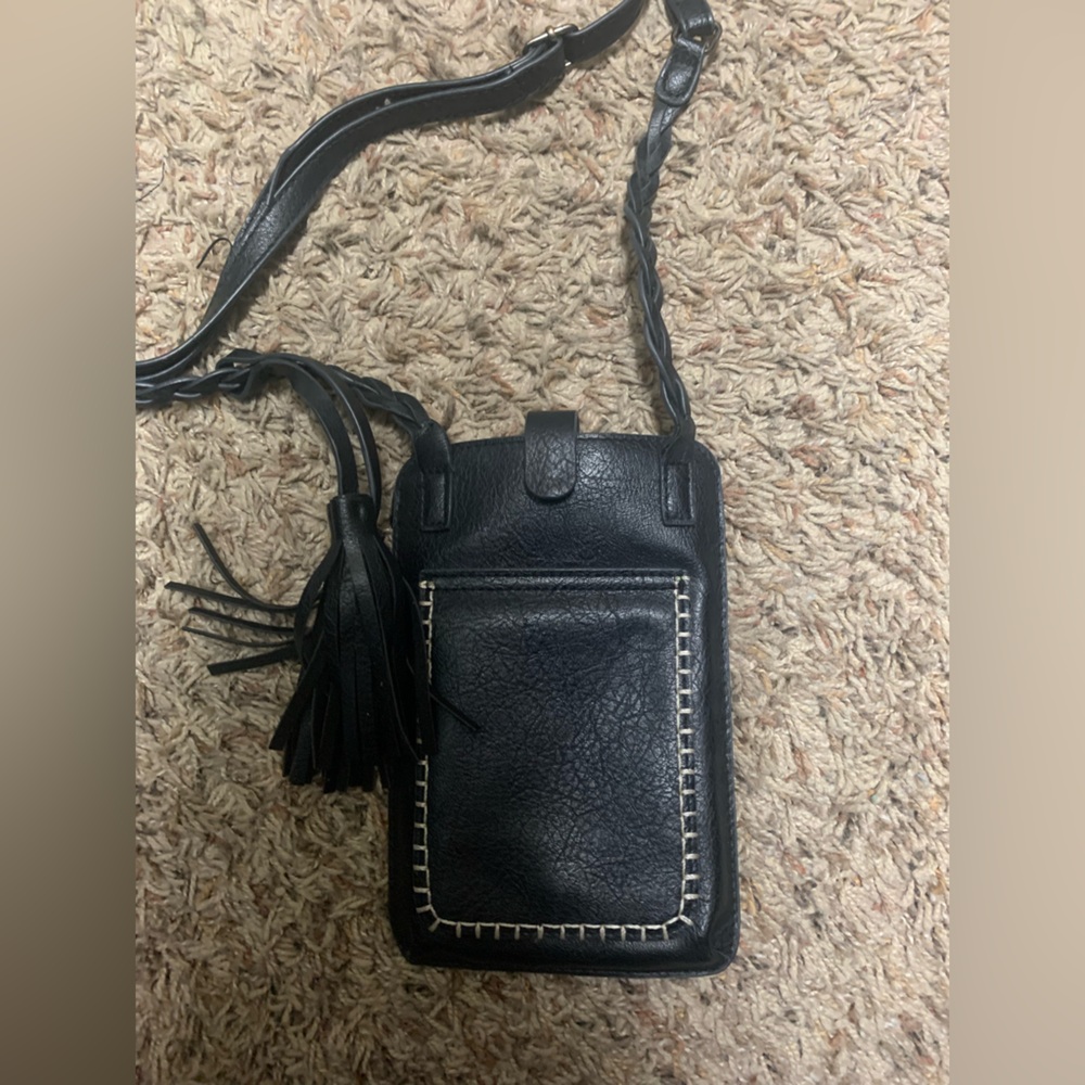 Black Leather Crossbody Bag with Tassel